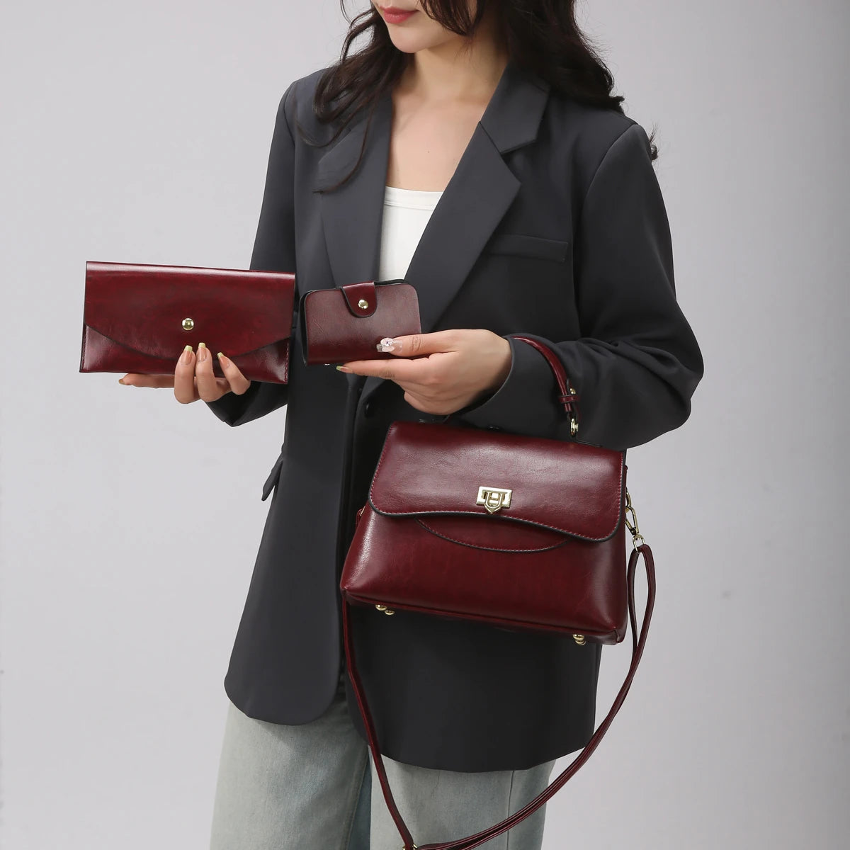 ladies handbags. Luxury 3-Piece PU Leather Women's Bag Set - Shoulder/Crossbody/Tote, Waterproof & Durable, Multi-Color Options