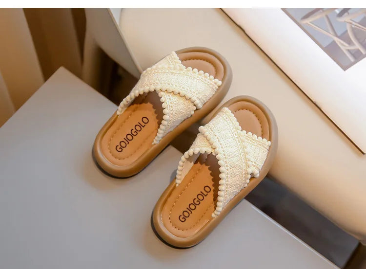 Girls Summer Slippers Princess Sweet Kids Slides Beach Shoes Bohemia Woven Children's Outdoor Slippers Anti-slippery 23-37 Soft