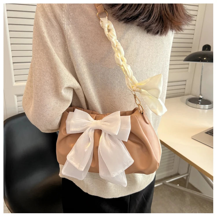 Lovely Bow Handbags for Girls Ladies Fashion Pleated Shoulder Bags for Women Simple Design Female Underarm Bag Casual Tote Purse