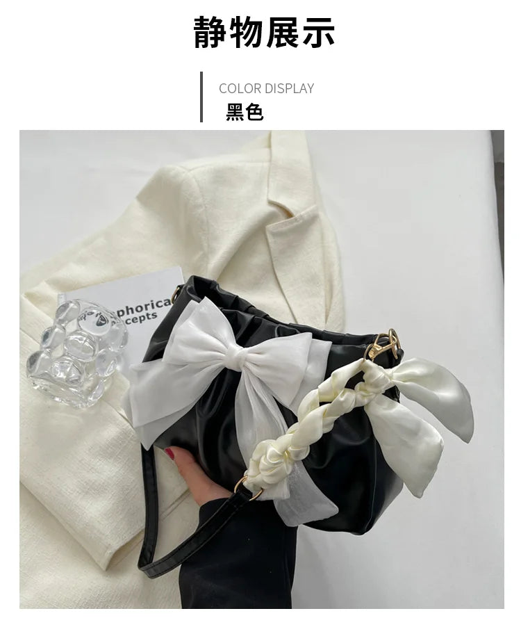 Lovely Bow Handbags for Girls Ladies Fashion Pleated Shoulder Bags for Women Simple Design Female Underarm Bag Casual Tote Purse