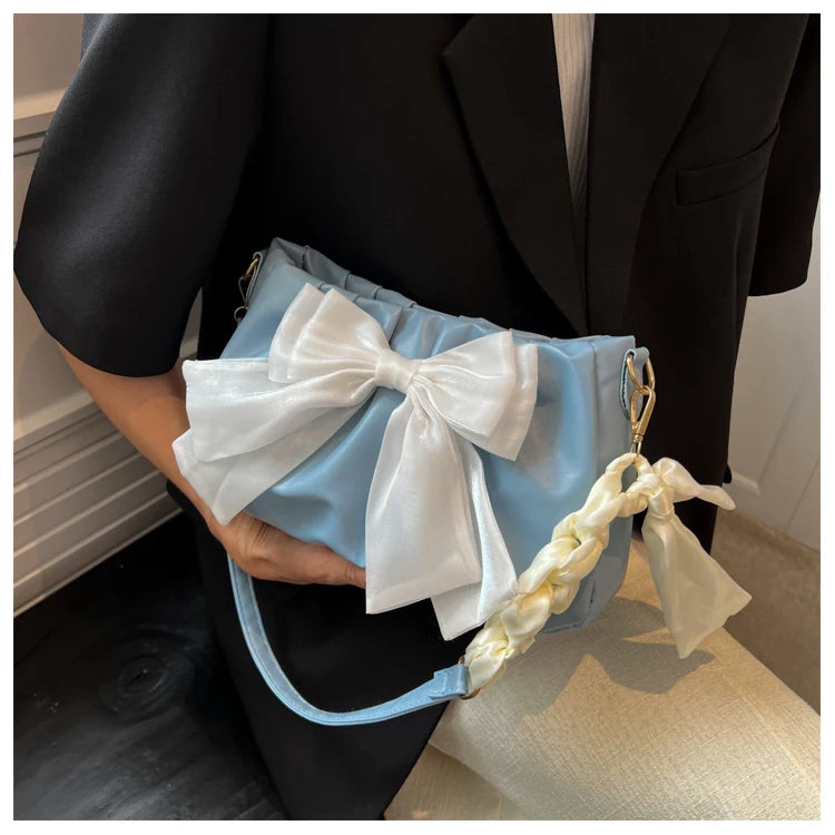 Lovely Bow Handbags for Girls Ladies Fashion Pleated Shoulder Bags for Women Simple Design Female Underarm Bag Casual Tote Purse