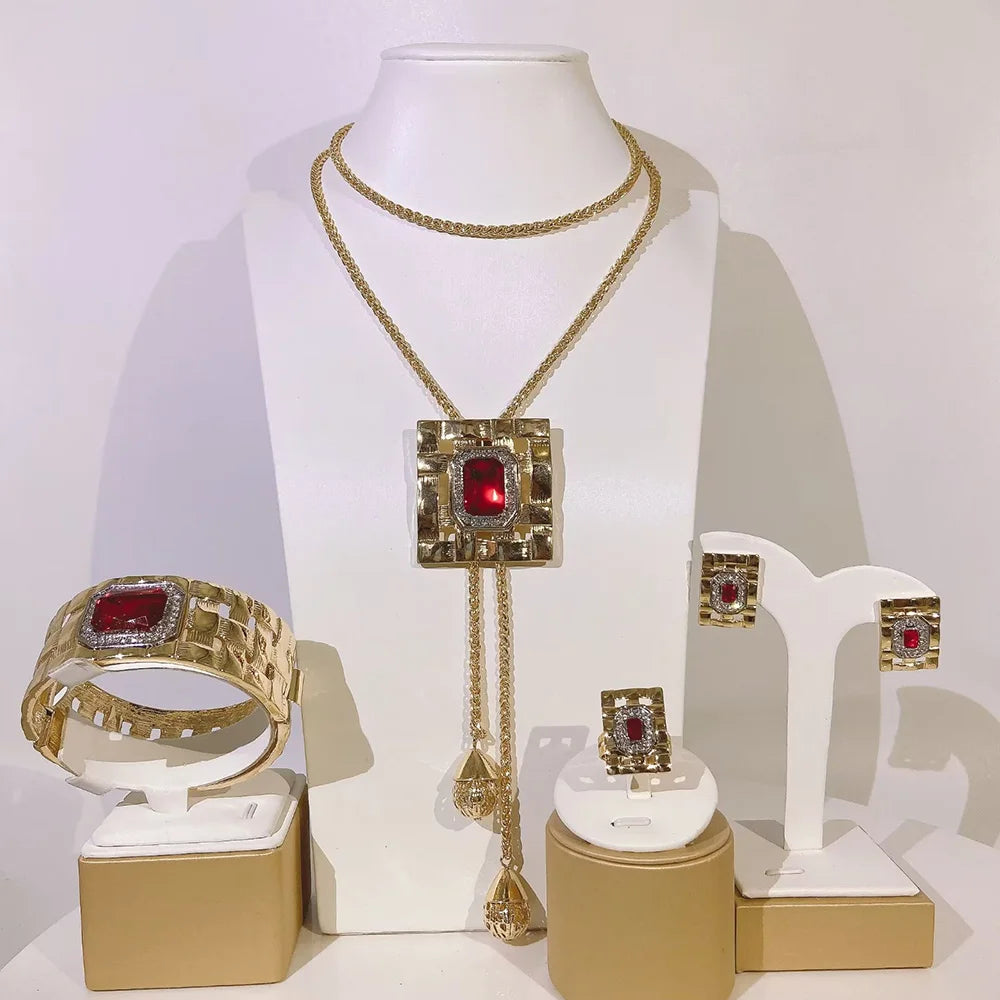 Jewelry Sets For Women Artificial Gemstone African Fashion Bijoux Long Necklace Luxury Dubai Jewelry 18K Gold Plated Bracelet