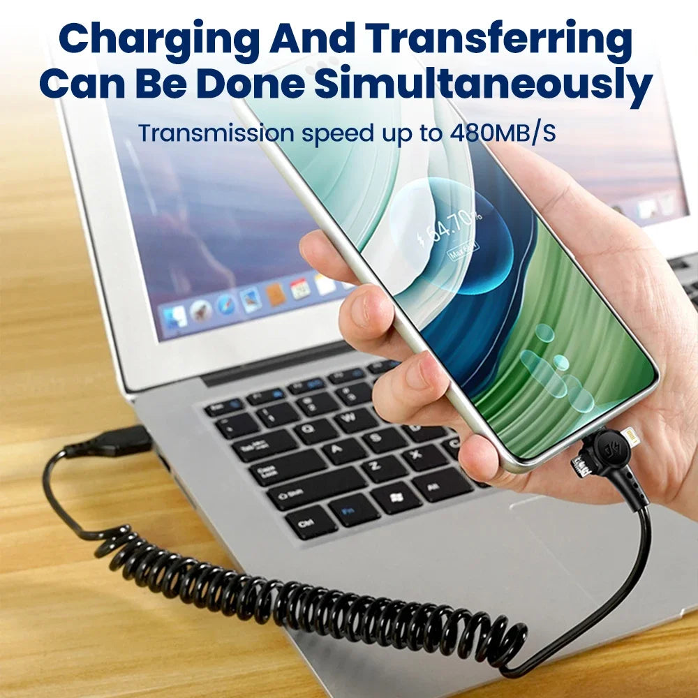 120W 3-in-1 USB C Cable Super Fast Charging Spring Retractable Data Cable For iPhone Huawei Xiaomi Phone Quick Charger Data Cord