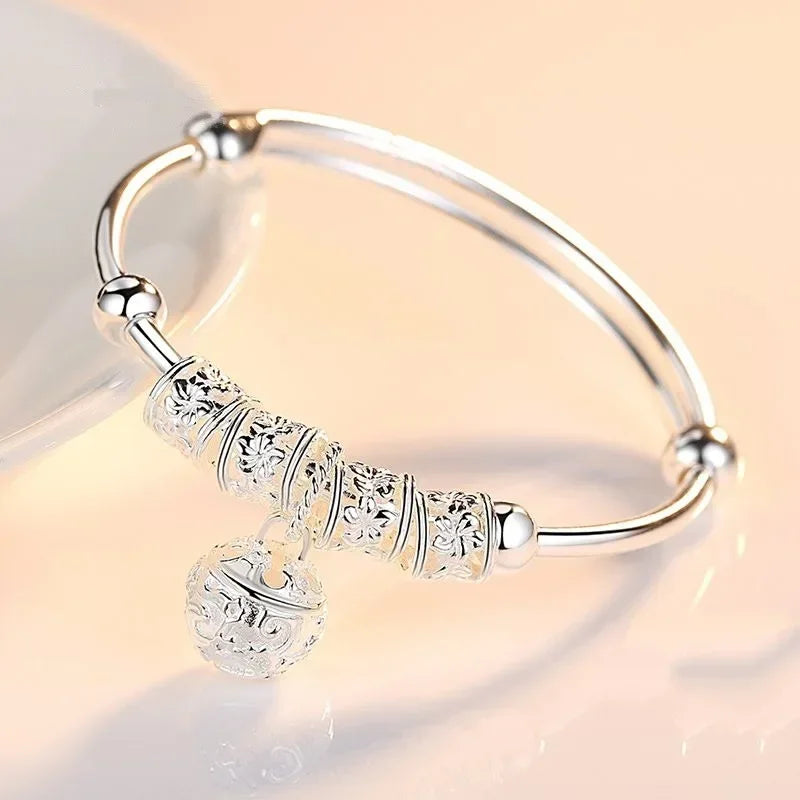 2024 Fashion Women Jewelry Gift Charm Artificial Stone Bangle Cuff Bracelet Ball Bell Pendants Sliver 925 Sterling Silver