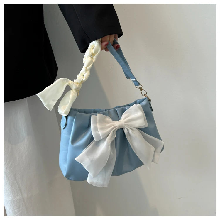 Lovely Bow Handbags for Girls Ladies Fashion Pleated Shoulder Bags for Women Simple Design Female Underarm Bag Casual Tote Purse