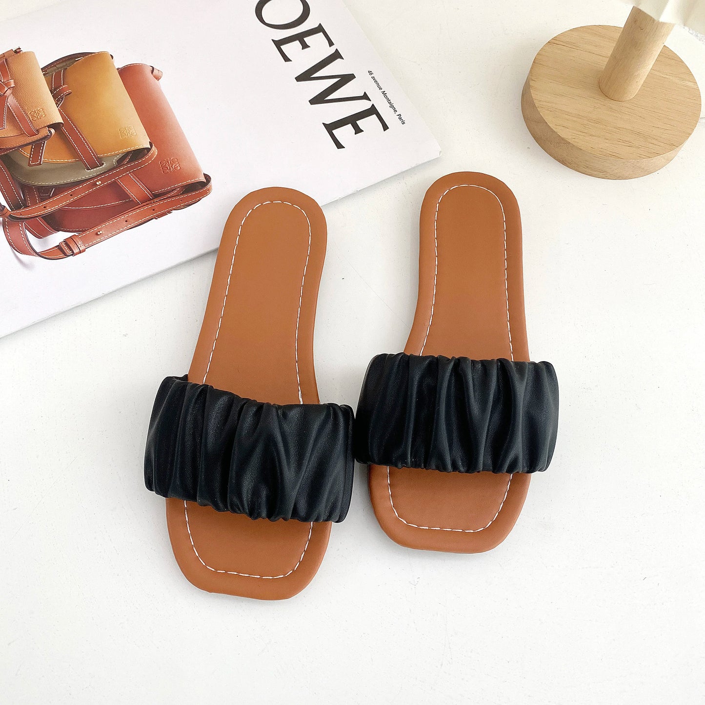 Girl's Slippers Pleated Black White Pu Leather Beach Kids Sliders Flat Summer Square Toe Leisure Slip-on Children Shoes 27-36