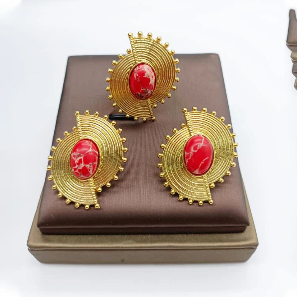 African Jewelry Set for Women Spiral Shape New Fashion Purpuse Stone Earrings Finger Ring Dubai Indian Luxury Gold Color Jewelry