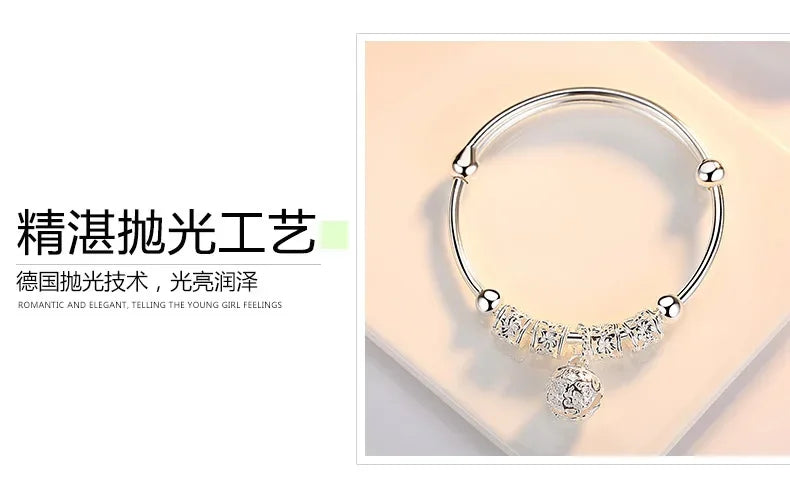 2024 Fashion Women Jewelry Gift Charm Artificial Stone Bangle Cuff Bracelet Ball Bell Pendants Sliver 925 Sterling Silver