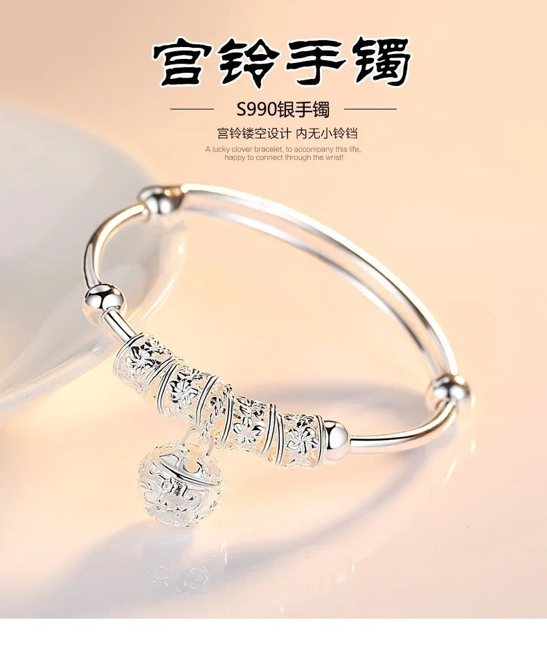 2024 Fashion Women Jewelry Gift Charm Artificial Stone Bangle Cuff Bracelet Ball Bell Pendants Sliver 925 Sterling Silver