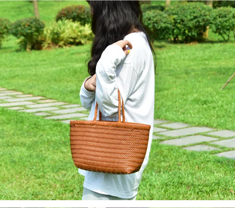 Handbags Women's Genuine Leather Shoulder Bag Weaving Casual Shopping Bag Vintage Big Tote Purse Cowhide Cross Hand Bags Lady