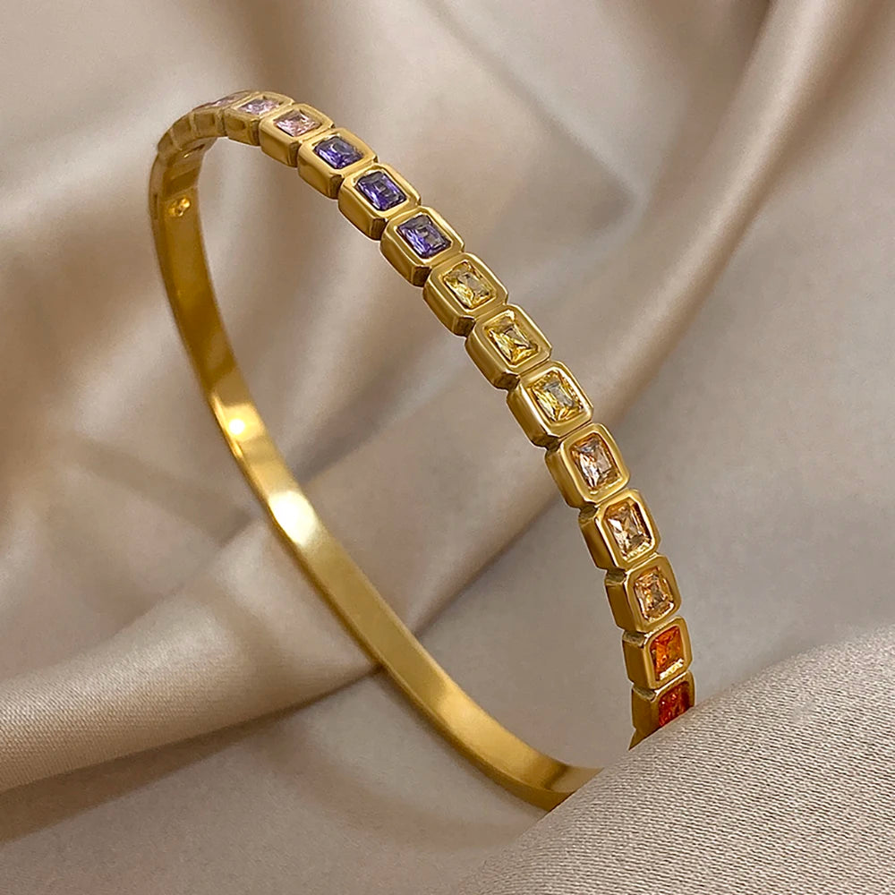 Stainless Steel Bangles Bracelets for Men Women Elegant Inlaid Colorful Square Rhinestone Open Bangle Party Wedding Cuff Jewelry