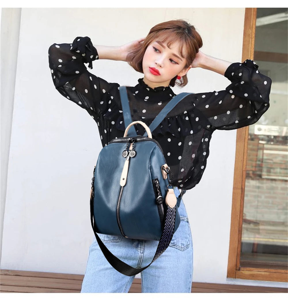 Panelled High Quality Leather Ladies Backpack Multifunctional Double Zipper Ladies Travel Backpack Fashion Ladies Shoulder Bag