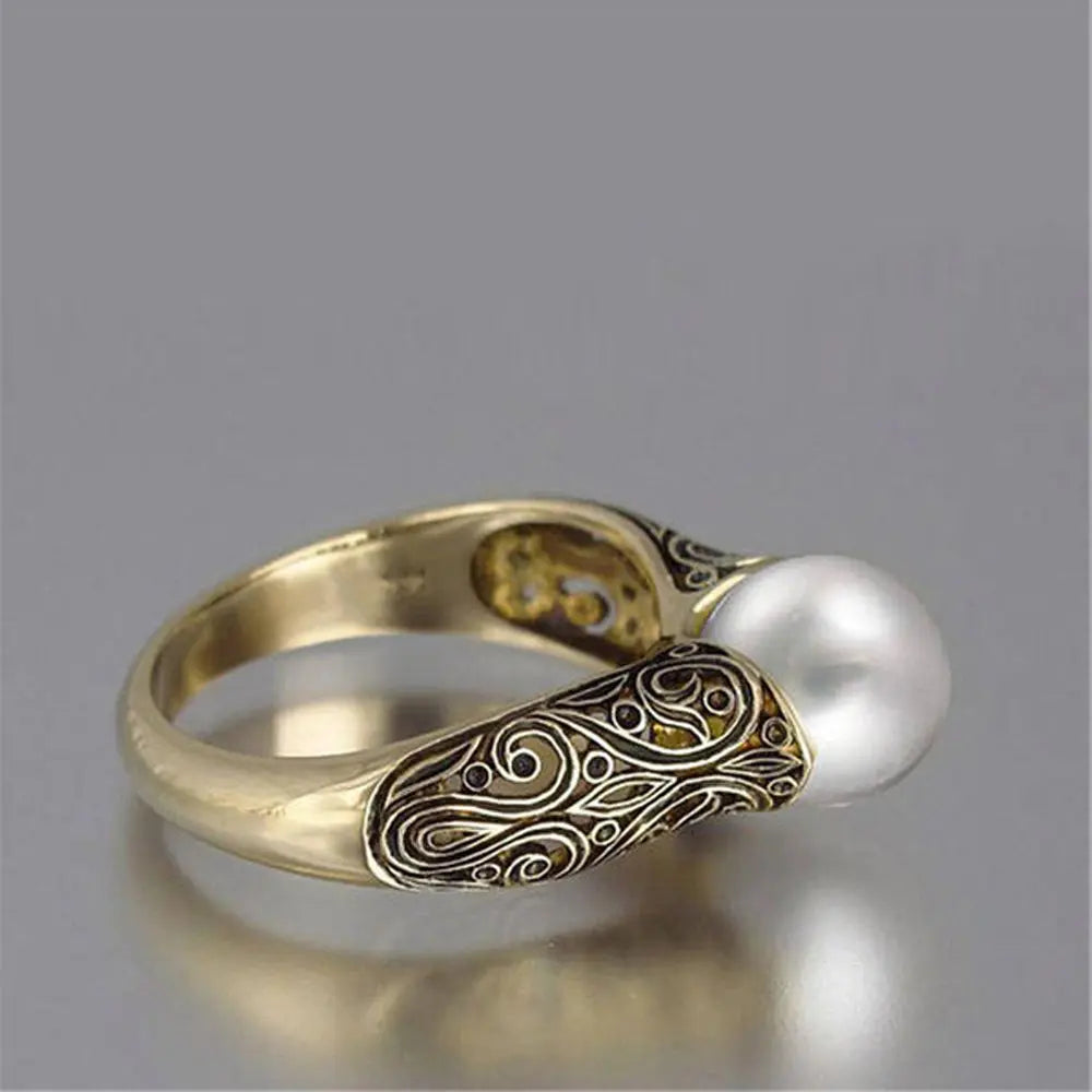 Women Vintage S925 Silver Gold Plated Jewelry Ring Artificial White Pearl Ring Wedding Engagement Casual Gift