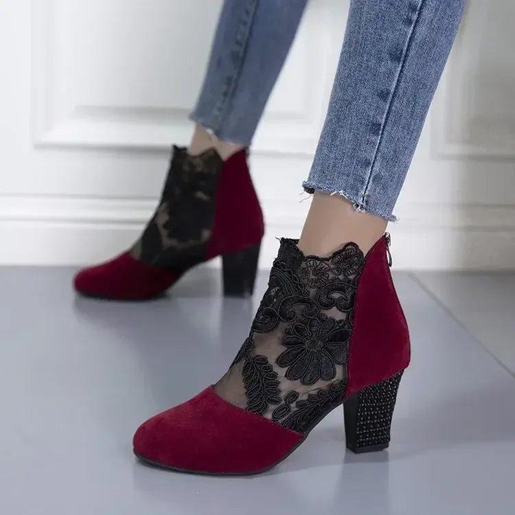 Women's Lace Heeled Shoes Fashion Ladies Roman Sandals Breathable Ladies Shoes Elegant Ladies Pumps New Mesh Sandalias De Tacón