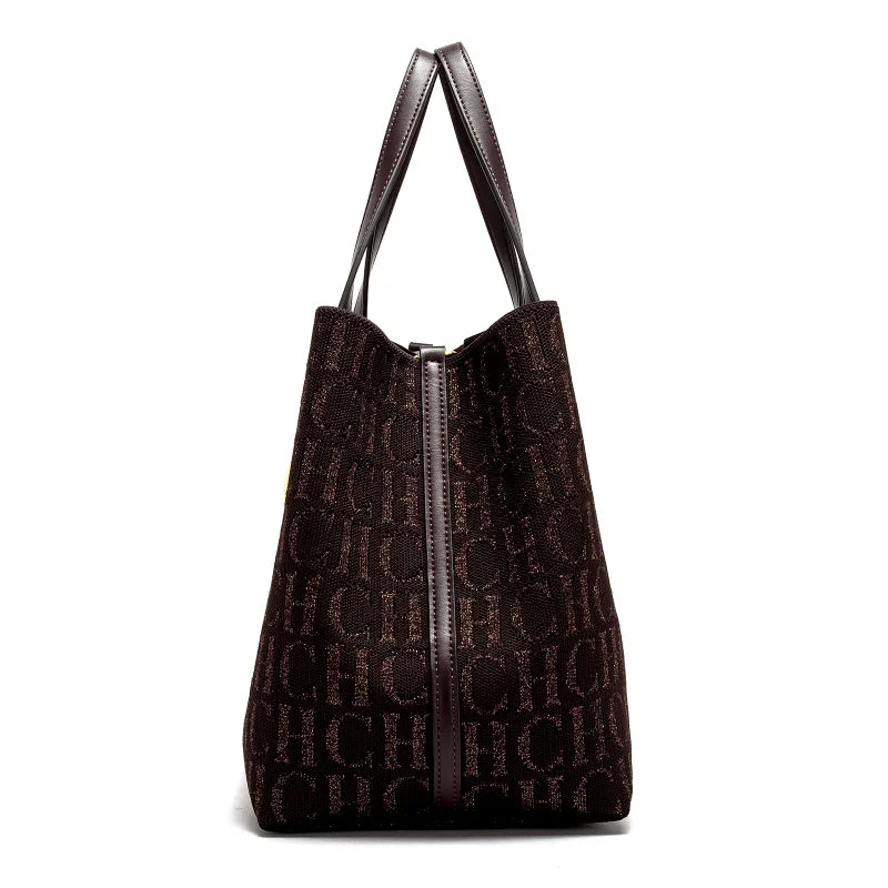 CH Ladies Tote Bag Large Capacity Ladies Shoulder Bag Simple Daily Commuter Bag Ladies Crossbod Solid Colour Letter Print Design