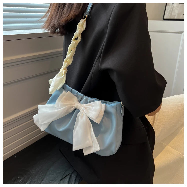 Lovely Bow Handbags for Girls Ladies Fashion Pleated Shoulder Bags for Women Simple Design Female Underarm Bag Casual Tote Purse