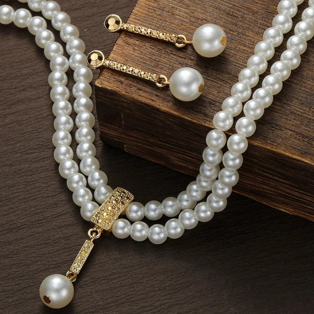 New Fashionable Bridal Jewelry Set Elegant Handmade Imitation Pearl Beaded Necklace And Earrings For Women Wedding Accessories