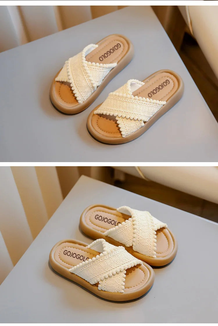 Girls Summer Slippers Princess Sweet Kids Slides Beach Shoes Bohemia Woven Children's Outdoor Slippers Anti-slippery 23-37 Soft