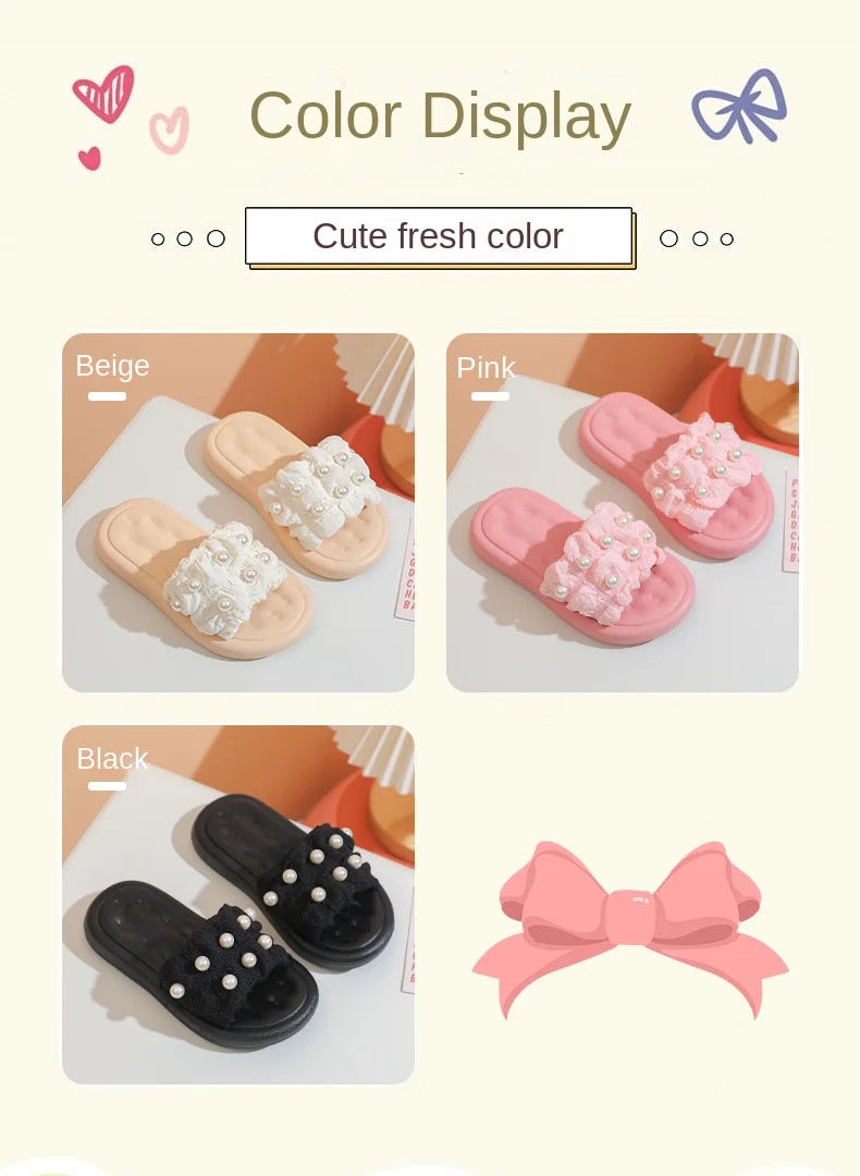 Slippers Princess Wind Pearl Puffs Girls Little Girl Slippers Soft Bottom Outside Penetrating Air Sandals