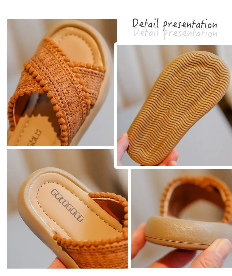 Girls Summer Slippers Princess Sweet Kids Slides Beach Shoes Bohemia Woven Children's Outdoor Slippers Anti-slippery 23-37 Soft