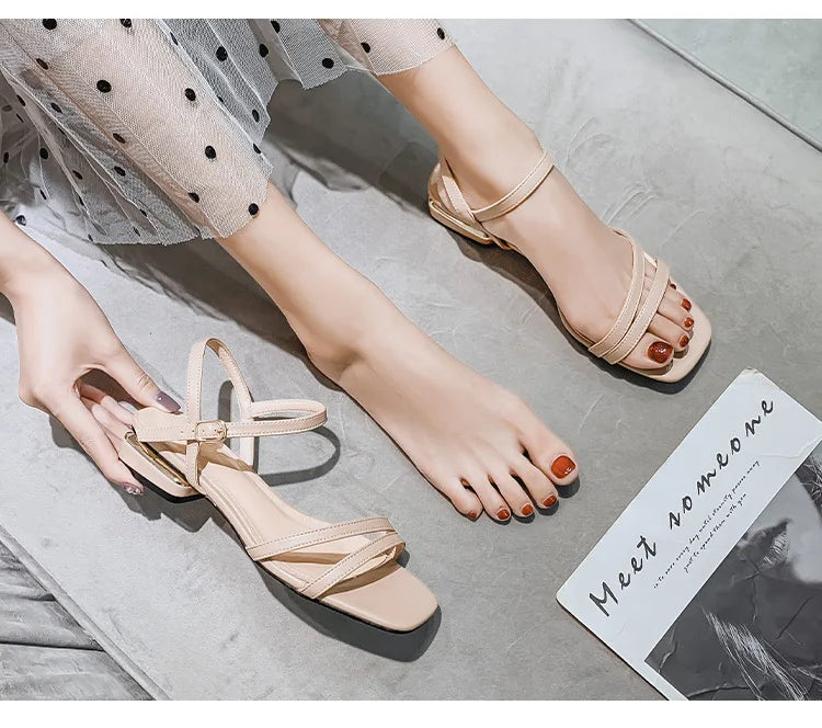 Sandals Ladies Square Heel Elegant Summer Slippers Gladiator Leather Ladies Slippers Fashion Ladies Sandals