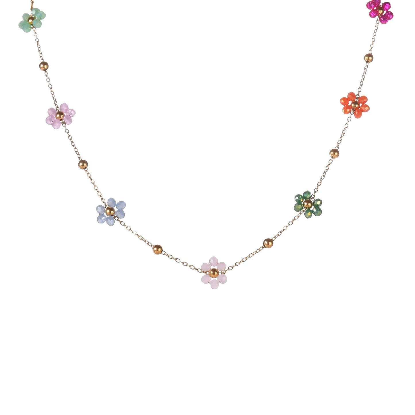 2024 New Colored Artificial Crystal Beaded Flowers Necklace for Women Gold-plated Stainless Steel Waterproof Jewelry Accessories