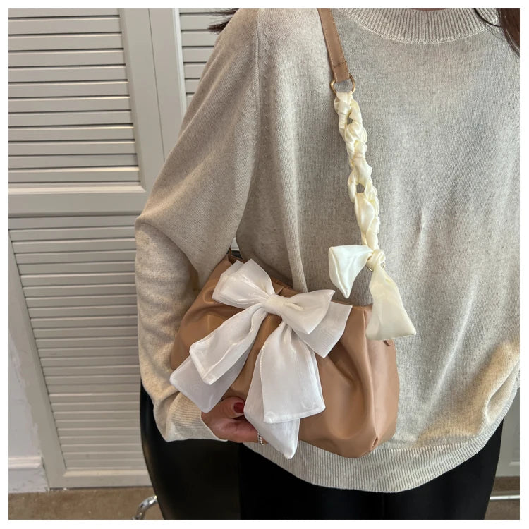 Lovely Bow Handbags for Girls Ladies Fashion Pleated Shoulder Bags for Women Simple Design Female Underarm Bag Casual Tote Purse