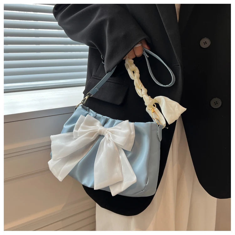 Lovely Bow Handbags for Girls Ladies Fashion Pleated Shoulder Bags for Women Simple Design Female Underarm Bag Casual Tote Purse
