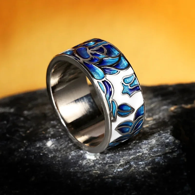 New Ladies Classic Epoxy Enamel Blue Flower Ladies Ring 925 Silver Ladies Jewelry Wedding Ring Bridal Jewelry Wide Silver Ring