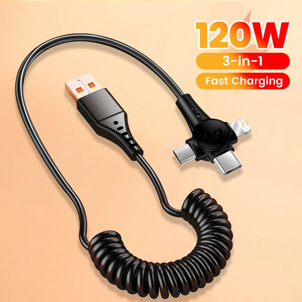 120W 3-in-1 USB C Cable Super Fast Charging Spring Retractable Data Cable For iPhone Huawei Xiaomi Phone Quick Charger Data Cord