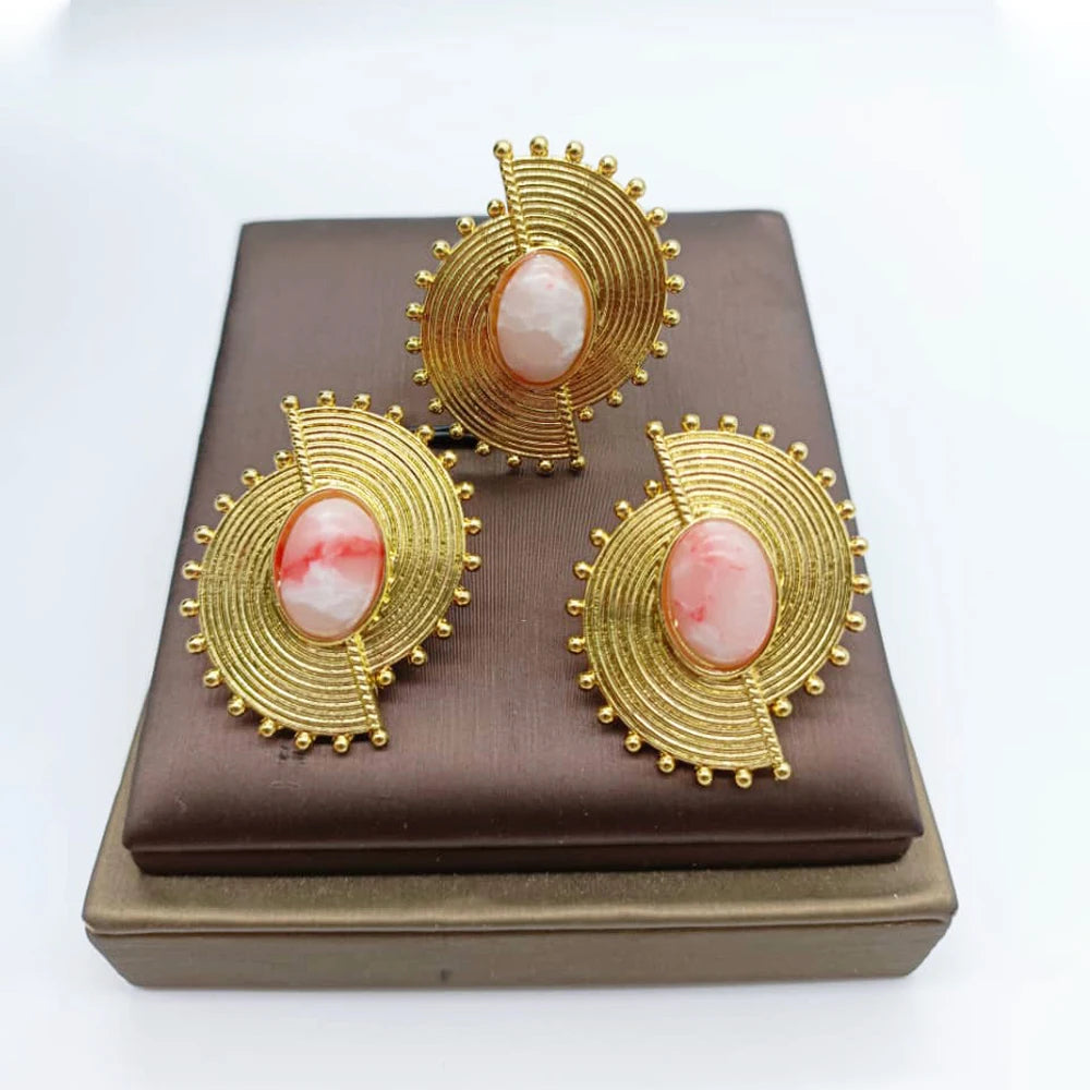 African Jewelry Set for Women Spiral Shape New Fashion Purpuse Stone Earrings Finger Ring Dubai Indian Luxury Gold Color Jewelry