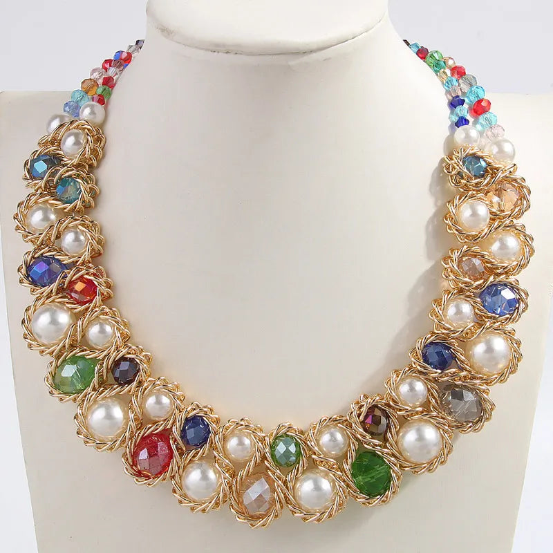 Fashio Simulated Pearl Jewelry Necklace Double Layer Choker Necklace Women Artificial Crystal Mixed Collar Handmade Jewelry Gift