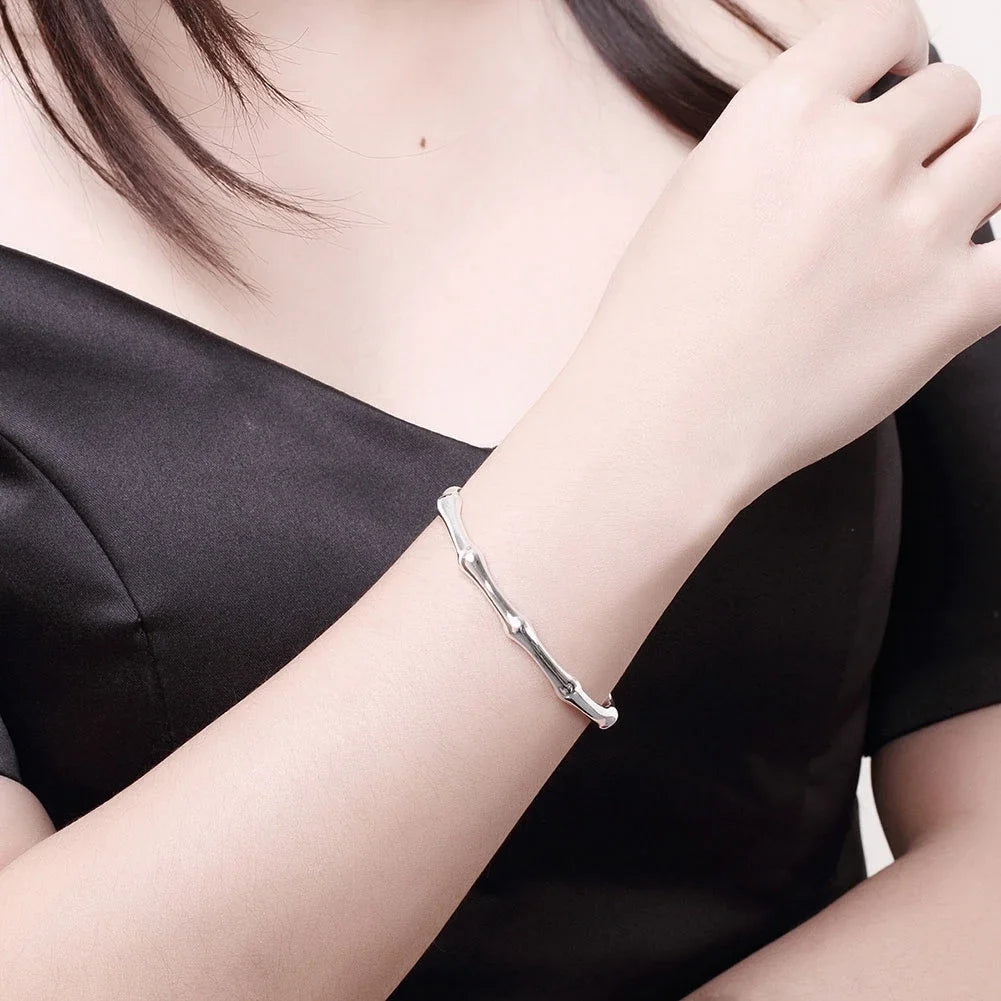 Hot 925 Sterling Silver Bamboo Joint Bangles Bracelets for Women Elegant Adjustable Fine Lady Jewelry Fashion Wedding Party