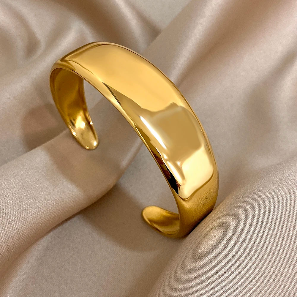 Gold Plated Tarnish Free Smooth Wide Cuff Bangles Bracelets for Woman Men Simple Irregular Minimalist Open Bangles Wrist Bangles