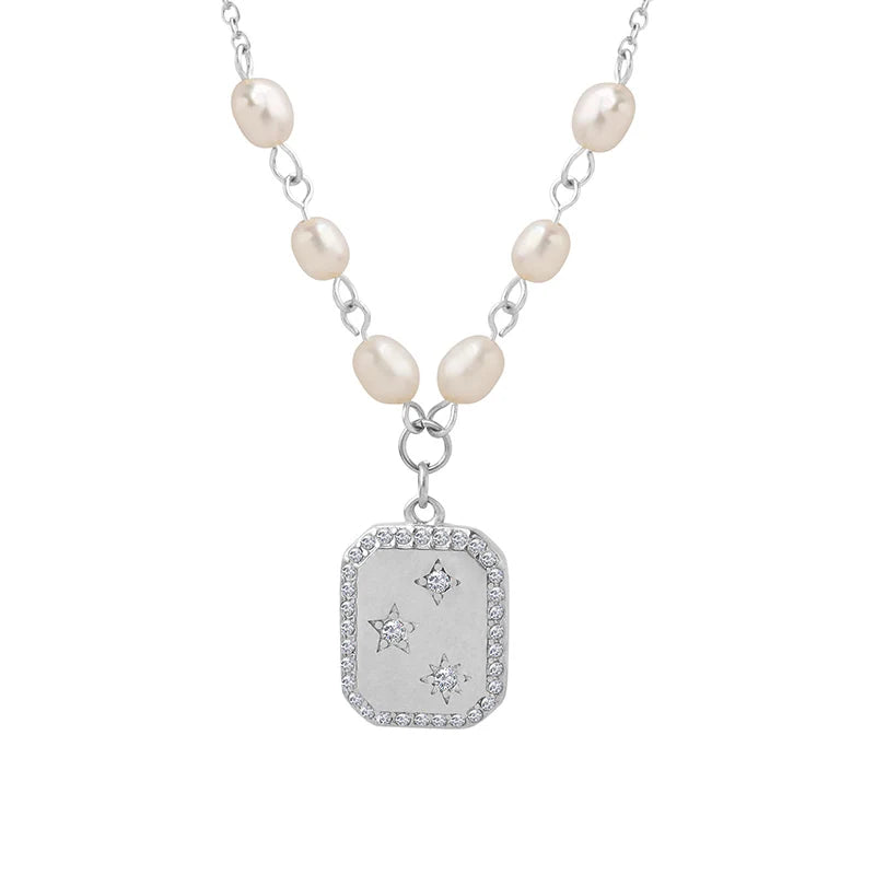 Fashion Trendy Square Zircon Inlaid Pendant Artificial Pearl Necklace European and American Style Female Temperament Jewelry
