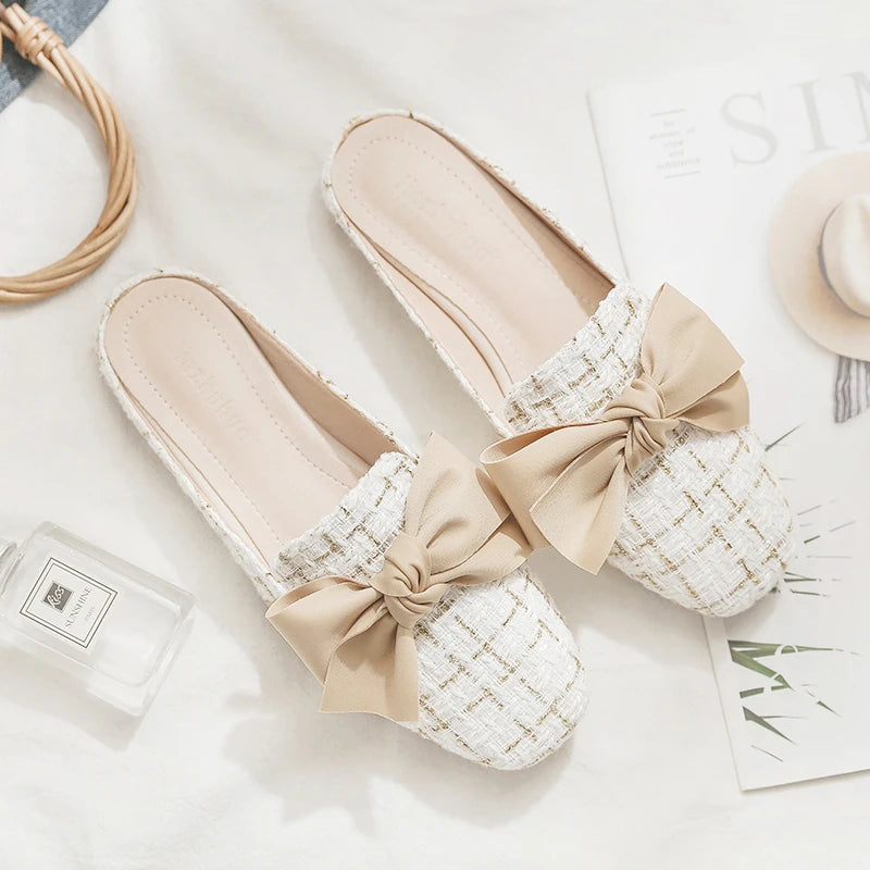 2024 Luxury Woman Mules Summer Close Toe Women Slippers Bowtie Lazy Slides Flat Heel Girl Slippers Korean Outdoor Flip Flops