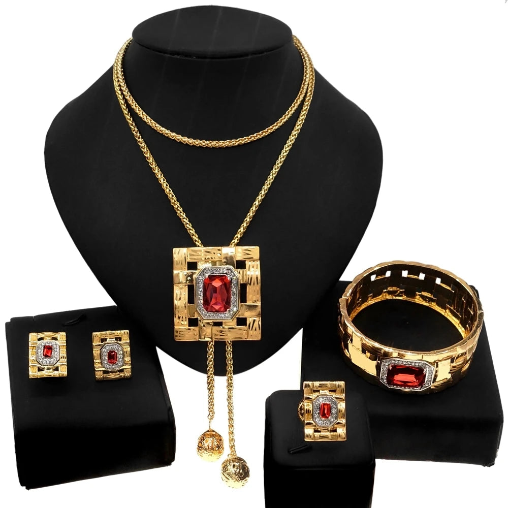 Jewelry Sets For Women Artificial Gemstone African Fashion Bijoux Long Necklace Luxury Dubai Jewelry 18K Gold Plated  Bracelet