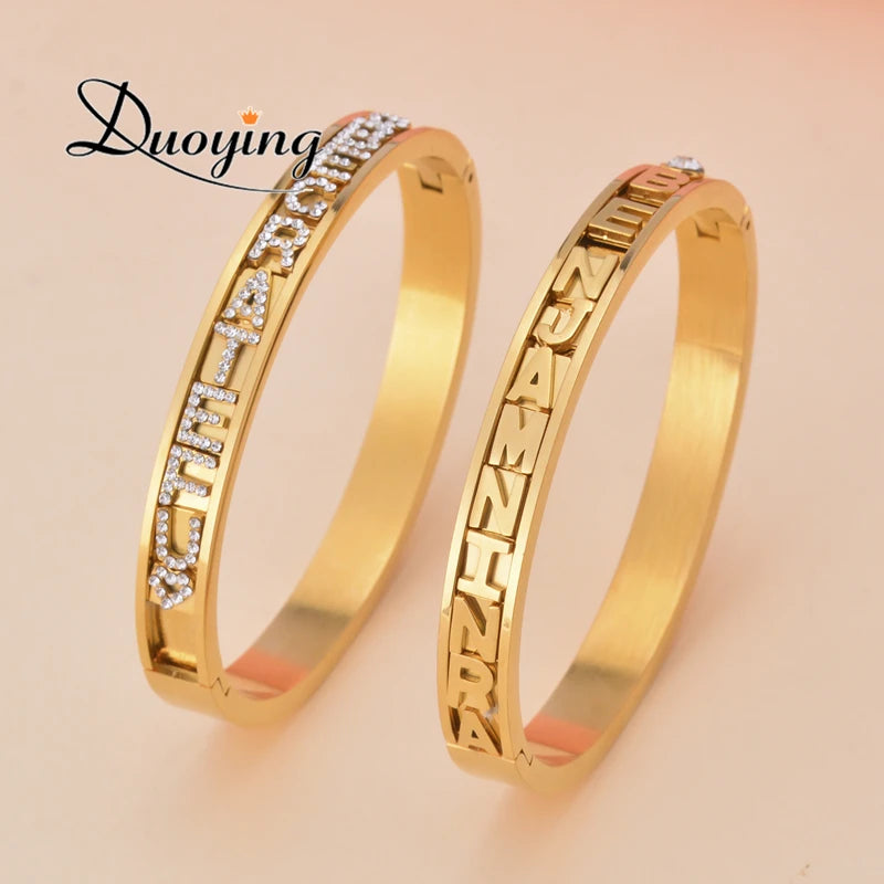 Duoying DIY Slider Charms Bangles Custom Name Bracelets Bangle Zircon Sliding Charm Bangles Personalized Name Letter Bangles