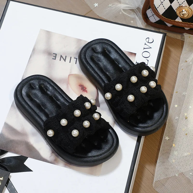 Slippers Princess Wind Pearl Puffs Girls Little Girl Slippers Soft Bottom Outside Penetrating Air Sandals