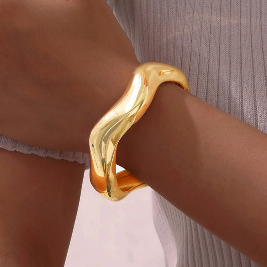 Simple Geometric Openable Chunky Bangles for Women, Statement Wrist Bracelet, Gold Plated Party Stackable Jewelry