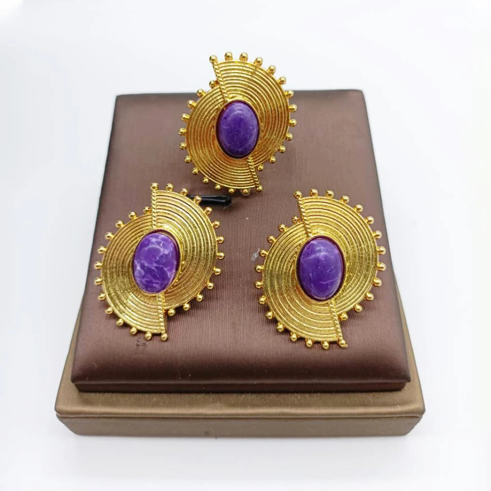 African Jewelry Set for Women Spiral Shape New Fashion Purpuse Stone Earrings Finger Ring Dubai Indian Luxury Gold Color Jewelry