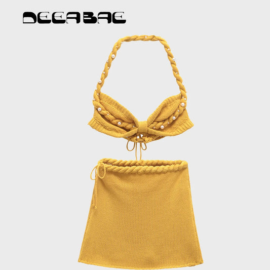 DEEABAE 2025 Spring New Women's Wear Artificial Jewelry Inlay Handmade Weaving Neck Hanging Tank Top Mini Skirt Set