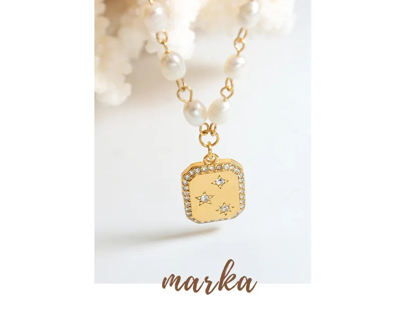 Fashion Trendy Square Zircon Inlaid Pendant Artificial Pearl Necklace European and American Style Female Temperament Jewelry