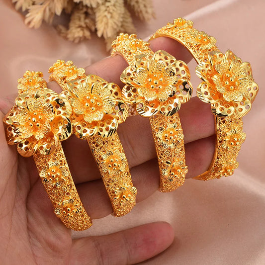 Most popular Bangles Bracelet Dubai Gold Color Bangles For Women Vintage Bride Wedding Bracelet Bangles Africa Arab Jewelry 4Pcs