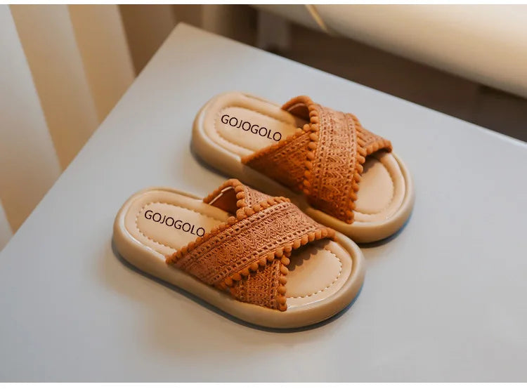 Girls Summer Slippers Princess Sweet Kids Slides Beach Shoes Bohemia Woven Children's Outdoor Slippers Anti-slippery 23-37 Soft