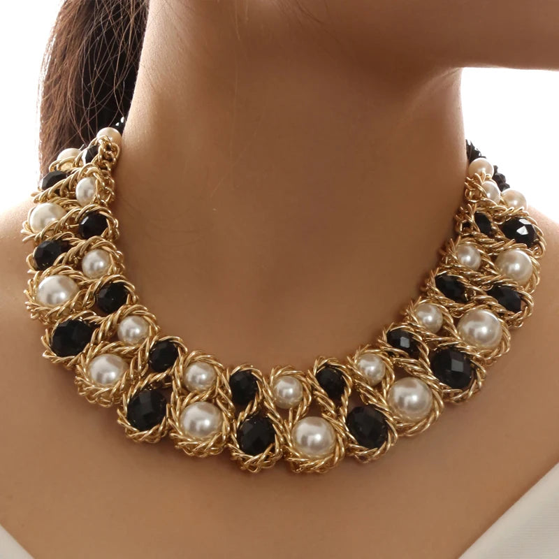Fashio Simulated Pearl Jewelry Necklace Double Layer Choker Necklace Women Artificial Crystal Mixed Collar Handmade Jewelry Gift