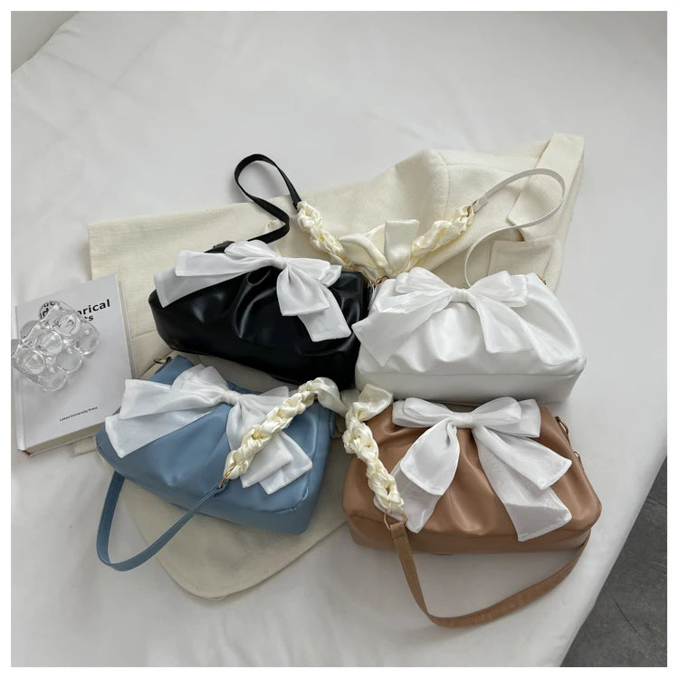 Lovely Bow Handbags for Girls Ladies Fashion Pleated Shoulder Bags for Women Simple Design Female Underarm Bag Casual Tote Purse