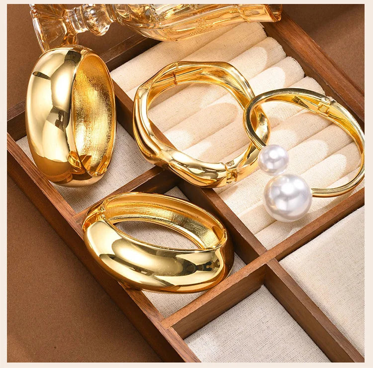 Simple Geometric Openable Chunky Bangles for Women, Statement Wrist Bracelet, Gold Plated Party Stackable Jewelry