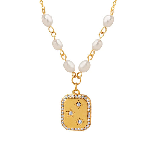 Fashion Trendy Square Zircon Inlaid Pendant Artificial Pearl Necklace European and American Style Female Temperament Jewelry
