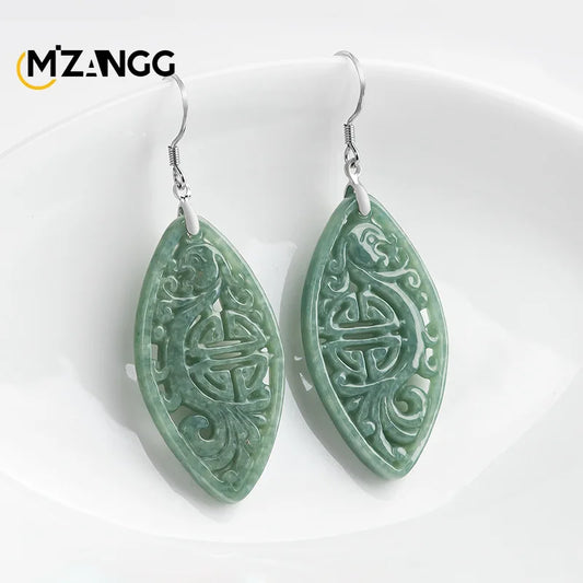 Natural Jadeite Imitation Antique Hollowed Phoenix Earrings S925 Silver Inlaid Jade Earrings Retro Fashion Women's Jewelry
